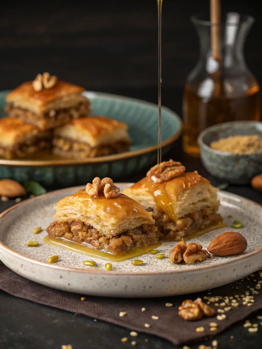 A vibrant display of Kataifi, showcasing its shredded filo dough and sweet nutty filling, drizzled with syrup.